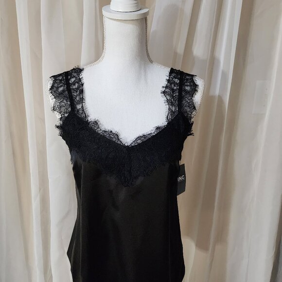 NWT- INC Black Satin and Lace Detail Cami/Tank - Picture 1 of 7
